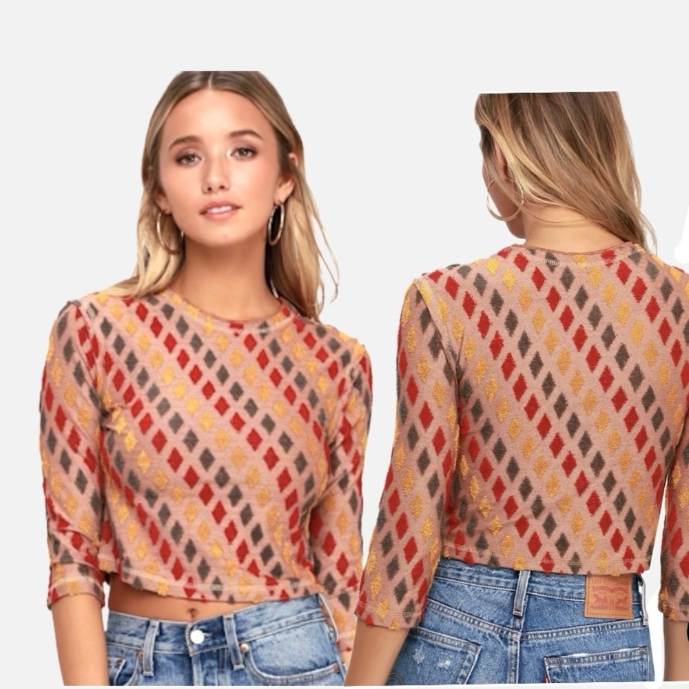 Free People Magic Carpet Women's Multicolor Crop Top size Medium NWOT 3/4 sleeve